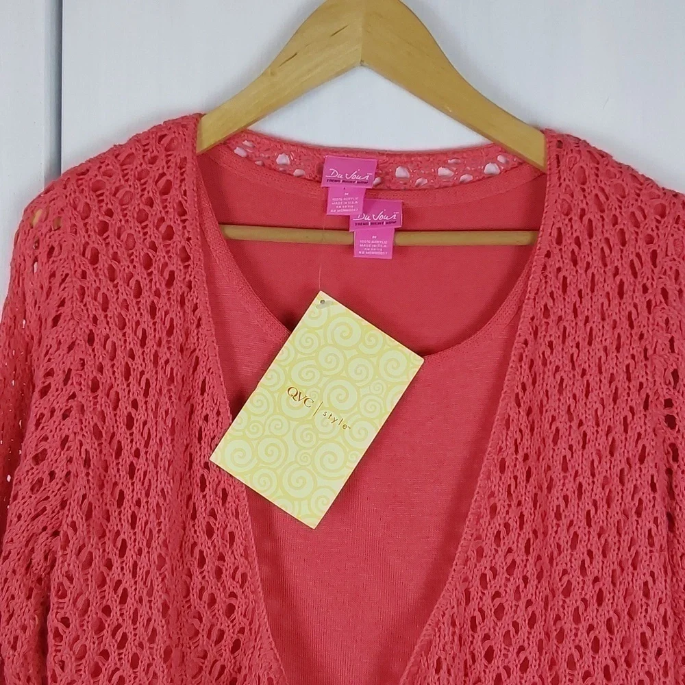 Du jour Womens Coral 2 piece Top set Crochet Cardigan W Tank shell Cute! Sz.M